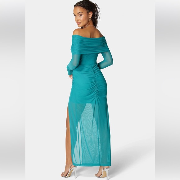 Bebe Off Shoulder Asymmetrical Mesh Gown - Picture 3 of 7